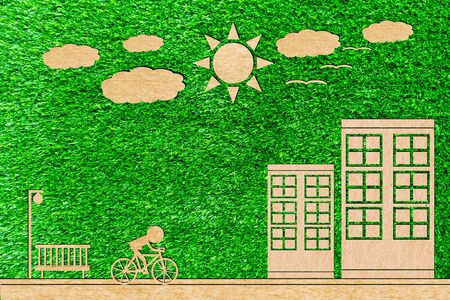 Bike to work replaces clean energy cars of paper cutの写真素材