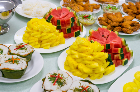 Fruit of Watermelon and Pineapple on the table Foodの写真素材