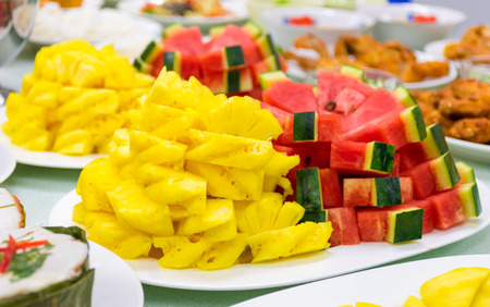 Fruit of Watermelon and Pineapple on the table Foodの写真素材