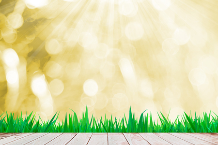 Green grass on the Wooden floor bokeh gold background textures and sunlightの写真素材