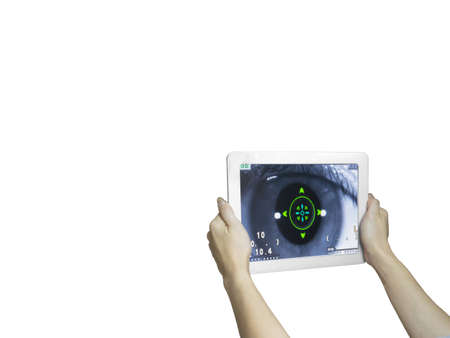 technology eye scan hand hold taplet white background