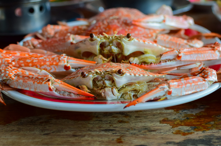 Sea crab steam seafood Placed on a table in a restaurant.の写真素材