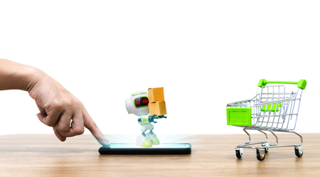 robot holding the box online shoppingâ cart sell of ecommerce convenienceの写真素材