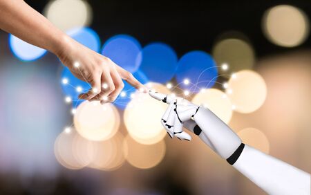 Human hand and robot hand system concept integration and coordination of artificial intelligence technologyの写真素材