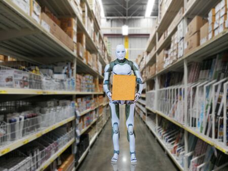 Intelligent robot technology holds box works instead of humans in the warehouse.の写真素材