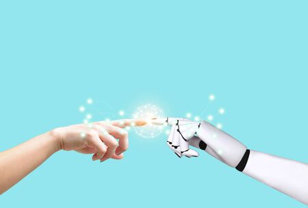 Artificial intelligence robot technology Human hands and robot handsの写真素材