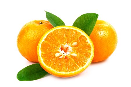 Fresh fruit orange with leaves on a white backgroundの写真素材