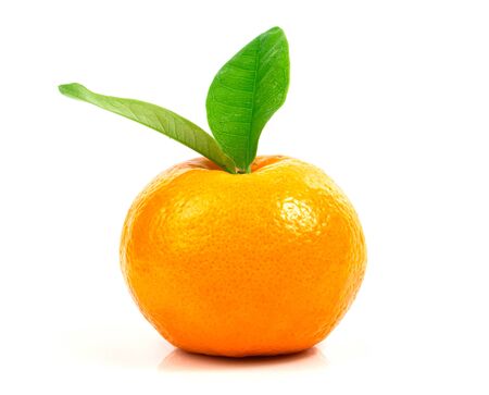 Fresh fruit orange with leaves on a white backgroundの写真素材