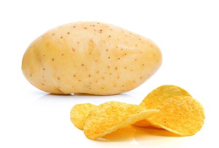 Potato raw and chips on a white backgroundの写真素材