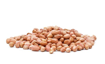 Peanuts raw grains in a sack of on white backgroundの写真素材
