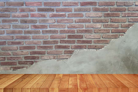 a floor wooden terrace on brick backgroundの写真素材