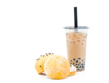 Sweet food bread and Pearl Egg Milk Tea on a white background