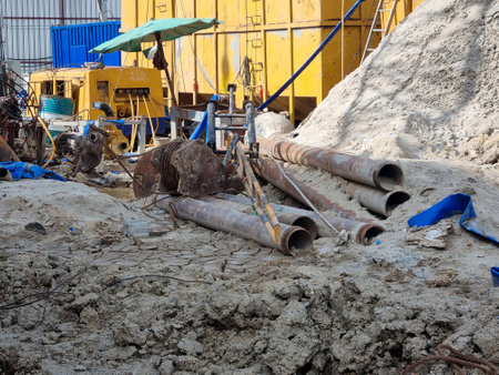 Cranes on the construction site area industry machine of drilling pilesの写真素材
