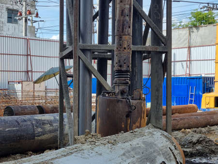 Cranes on the construction site area industry machine of drilling pilesの写真素材