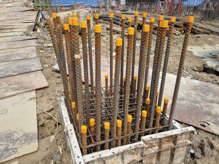 construction industry foundation drilling of concrete piles with reinforcementの写真素材