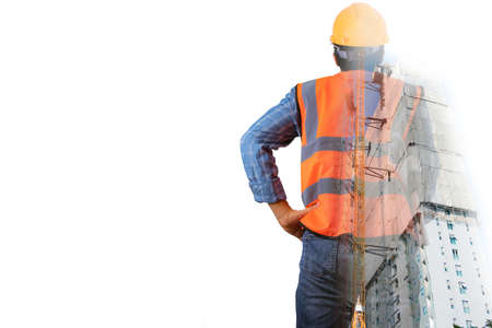 Double Exposure Future building engineering concept with exposure to graphic design. Building architects, engineers design industrial building construction with modern civil equipment technology.の写真素材