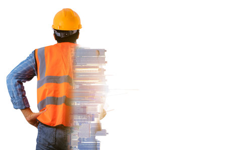 Double Exposure Future building engineering concept with exposure to graphic design. Building...