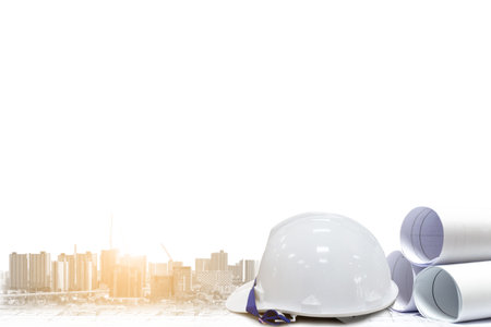 Helmet concept and building construction plan. Empty space.の写真素材