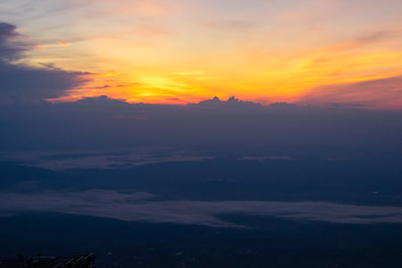 Nature, mountain range, morning sunshine and fogの写真素材