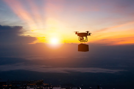 Delivery drone air transport technology, silhouetteの写真素材