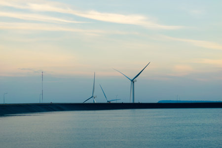 wind turbines produce electricity, clean energy.の写真素材