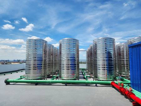 Water pipes and water tanks on the buildingの写真素材