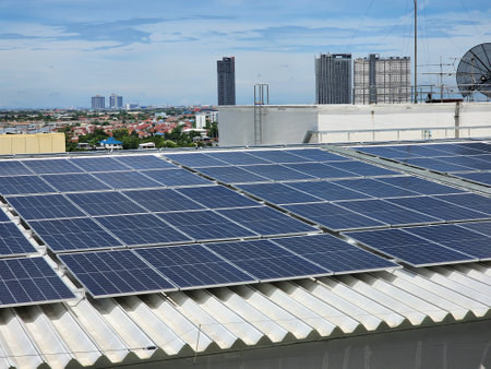 Clean energy concept, solar power on buildingsの写真素材