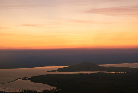 Natural mountain view, orange light of the morning sunの写真素材