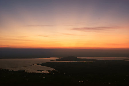 Natural mountain view, orange light of the morning sunの写真素材