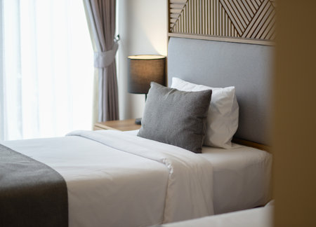 Bedroom Pillows and Blankets in Hotel Room Arrangement Ideasの写真素材