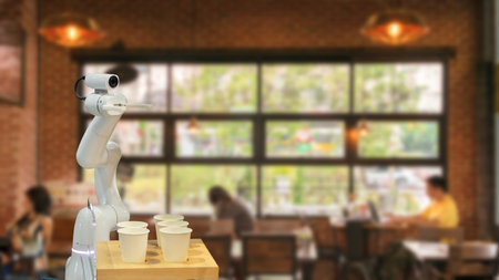 The concept of an AI robot making coffee in a coffee shopの写真素材
