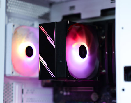 Inside the computer and devices boards fans RAM SSDの写真素材