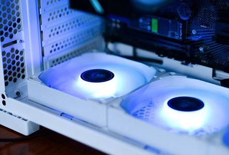 Inside the computer and devices boards fans RAM SSDの写真素材
