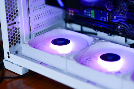 Inside the computer and devices boards fans RAM SSDの写真素材