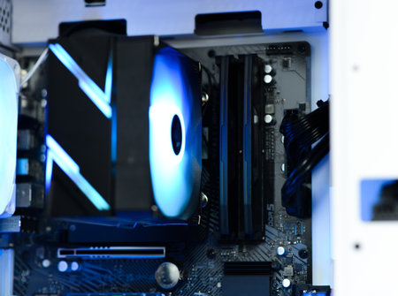 Inside the computer and devices boards fans RAM SSDの写真素材