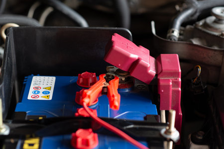 Car battery a check and the batteryの写真素材