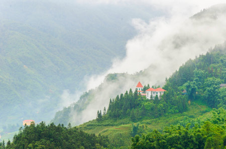 Sapa valley city in the mist, Vietnam  It was taken in foggy dayの写真素材