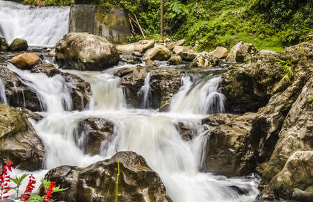 Waterfall with red flower at the Cat Cat village in Vietnam