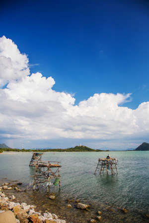 Fishing carrelets and the town of Saint Nazaire in the background, at Saint-Michel-Chef-Chef in the Loire-Atlantique department in western France.の写真素材