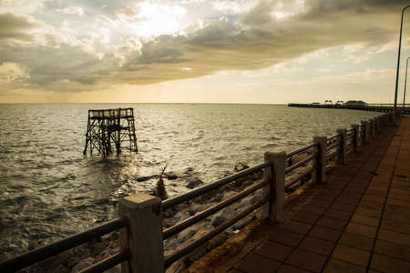 Fishing carrelets and the town of Saint Nazaire in the background, at Saint-Michel-Chef-Chef in the Loire-Atlantique department in western France.の写真素材