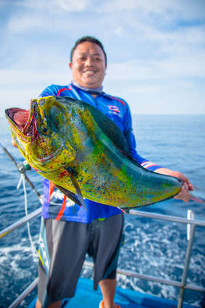 Lucky fisherman holding a beautiful dolphin fishの写真素材