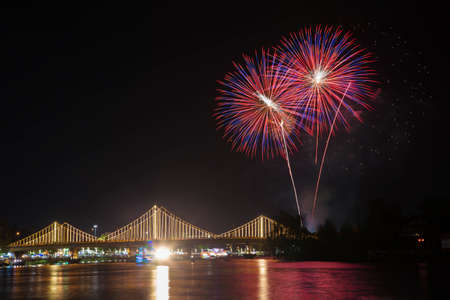 SURATTHANI, THAILAND - OCTOBER 17 : Beautiful firework display for celebration on the Tapee river on parades in Chak Phra Festival on October 17, 2015 in Suratthani, Thailand.のeditorial素材
