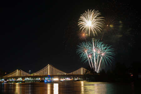 SURATTHANI, THAILAND - OCTOBER 17 : Beautiful firework display for celebration on the Tapee river on parades in Chak Phra Festival on October 17, 2015 in Suratthani, Thailand.のeditorial素材