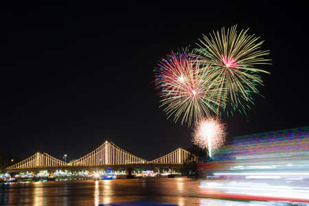 SURATTHANI, THAILAND - OCTOBER 17 : Beautiful firework display for celebration on the Tapee river on parades in Chak Phra Festival on October 17, 2015 in Suratthani, Thailand.のeditorial素材