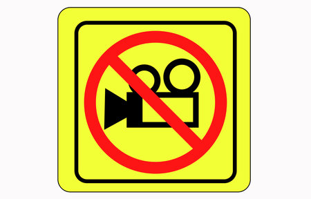Simple video camera icon. No video recording signboard, black object in warning sign with YALLO background colorのイラスト素材