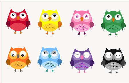 Eight colorful owls on a white background,のイラスト素材
