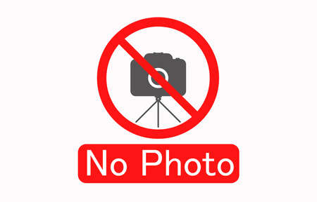 NO CAMERAS ALLOWED sign. Flat icon in red crossed out circle.のイラスト素材