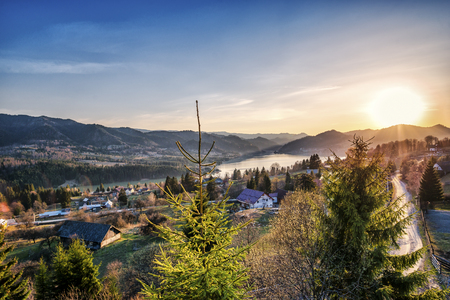 Sunset at the Colibita lakeの写真素材