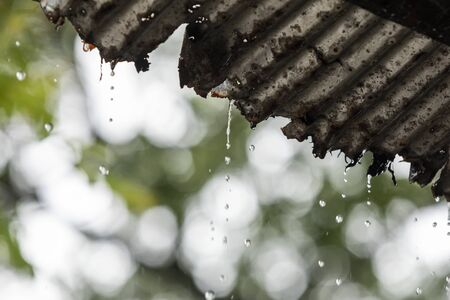 rain drops dipping from old zinc roof with blur green nature backgroundの写真素材