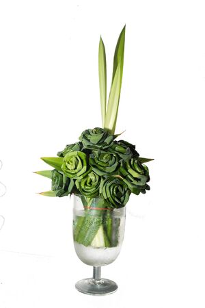 Pandanus Palm, Fragrant Pandan, Pandom wangi. Pandanus amaryllifolius Pandanus Palm leaves are folded roses,on glassの写真素材